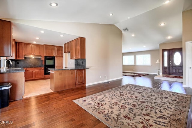 kitchen with lofted ceiling, dobule oven black, open floor plan, a sink, and under cabinet range hood