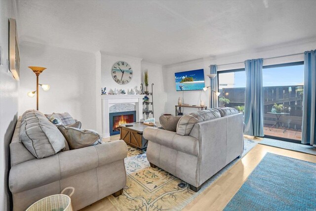 living room featuring light wood-type flooring and a lit fireplace