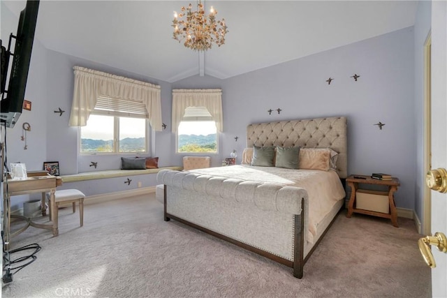 22537 N Summit Ridge Cir, Chatsworth, CA 91311 - carpeted bedroom with lofted ceiling, baseboards, a chandelier, and a desk