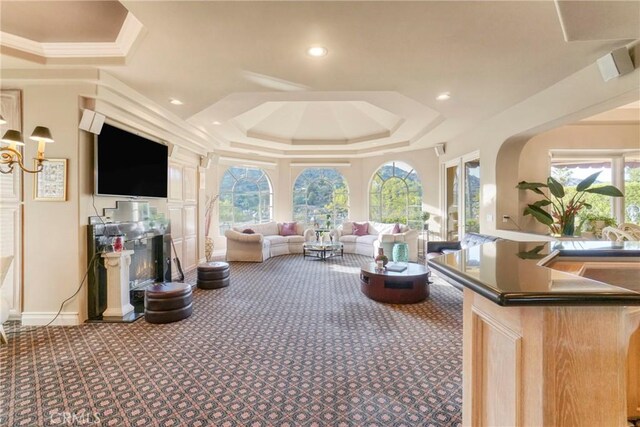 22537 N Summit Ridge Cir, Chatsworth, CA 91311 - interior space with carpet flooring, a raised ceiling, recessed lighting, ornamental molding, and baseboards