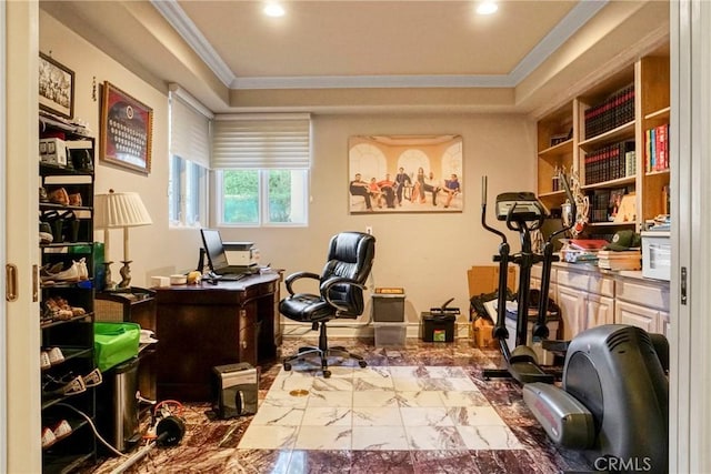 22537 N Summit Ridge Cir, Chatsworth, CA 91311 - home office featuring crown molding, marble look tiles, recessed lighting, and a raised ceiling