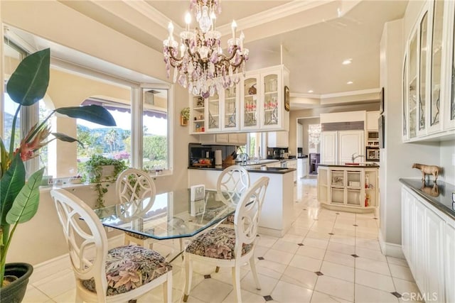 22537 N Summit Ridge Cir, Chatsworth, CA 91311 - dining room with ornamental molding, a chandelier, light tile patterned flooring, baseboards, and recessed lighting