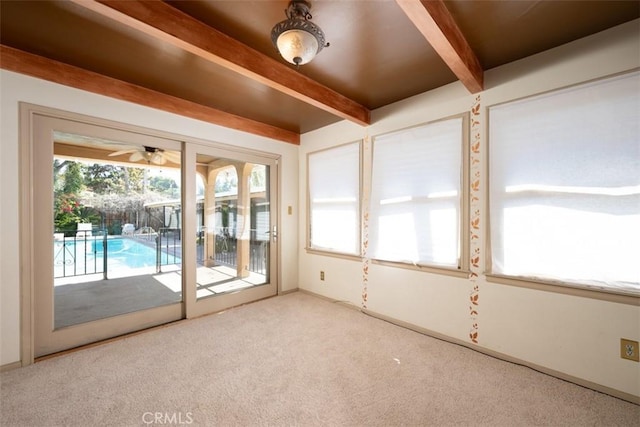 unfurnished room featuring a ceiling fan, carpet floors, beam ceiling, and a healthy amount of sunlight