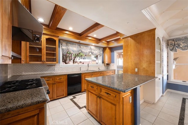 kitchen with range hood, brown cabinets, dishwasher, and a sink