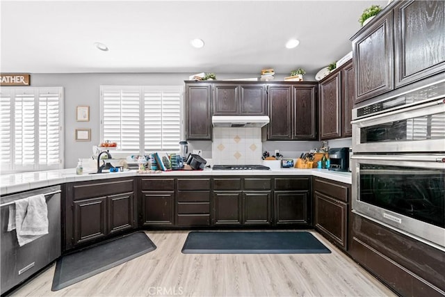 kitchen with light wood finished floors, stainless steel appliances, a sink, dark brown cabinets, and under cabinet range hood