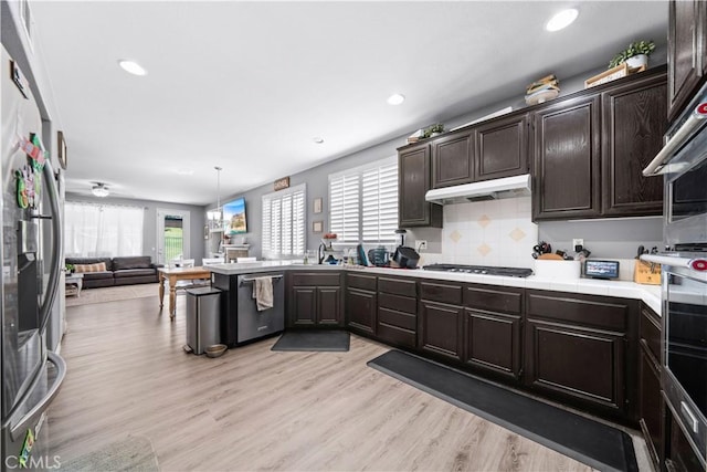 kitchen featuring dark brown cabinetry, under cabinet range hood, stainless steel appliances, light wood-style floors, and open floor plan