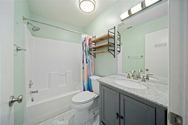 bathroom with visible vents, toilet, shower / bathtub combination with curtain, tile patterned flooring, and vanity