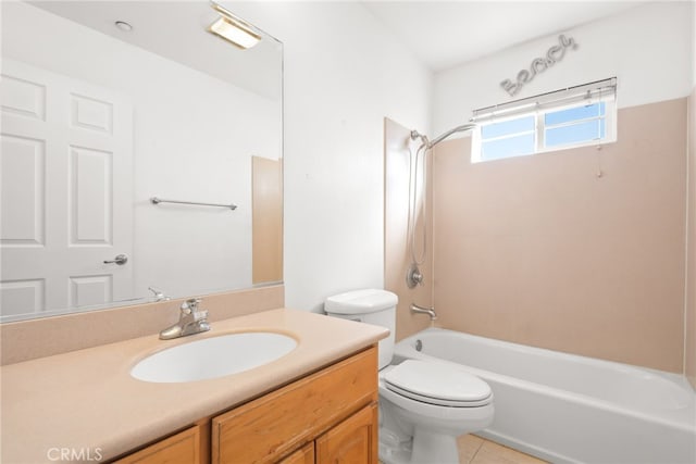 bathroom featuring  shower combination, vanity, toilet, and tile patterned floors