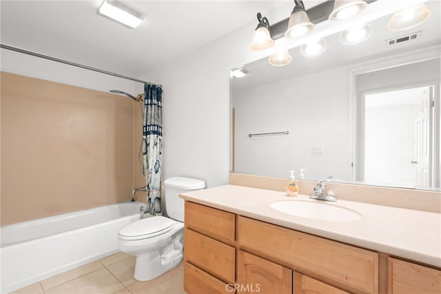 bathroom with tile patterned flooring, toilet, shower / tub combo, visible vents, and vanity