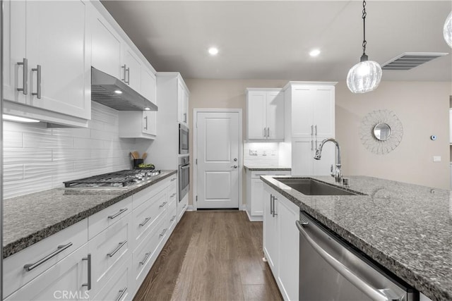 kitchen featuring visible vents, dark wood finished floors, stainless steel appliances, under cabinet range hood, and a sink