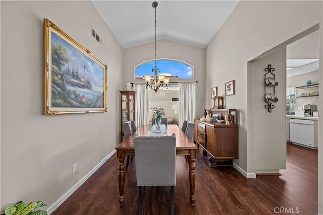 dining space with baseboards, visible vents, dark wood finished floors, vaulted ceiling, and a notable chandelier