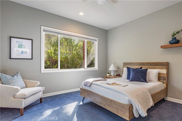 bedroom with carpet floors, recessed lighting, a ceiling fan, and baseboards