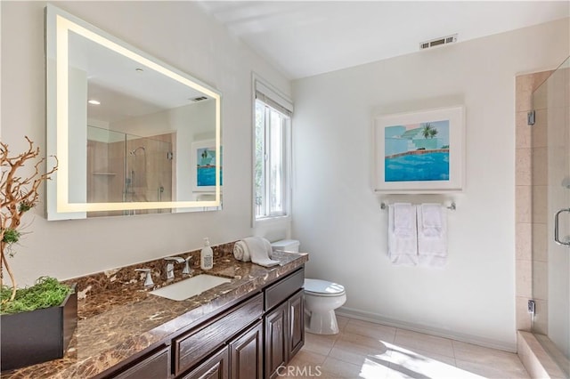 full bath with visible vents, toilet, a shower stall, vanity, and tile patterned flooring