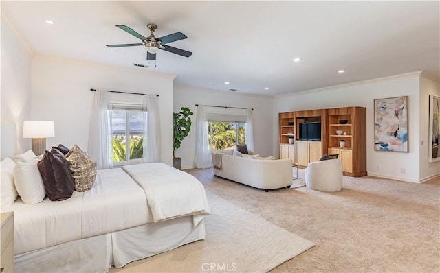 carpeted bedroom with crown molding, recessed lighting, visible vents, and baseboards