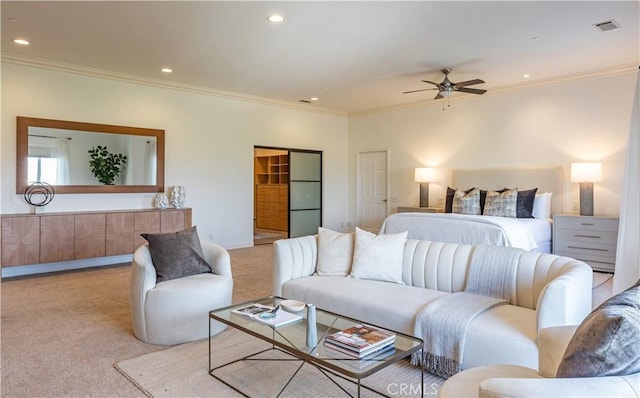 carpeted bedroom with ornamental molding, recessed lighting, visible vents, and baseboards