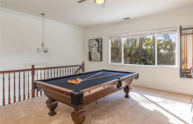 rec room with billiards, visible vents, ceiling fan, crown molding, and carpet flooring