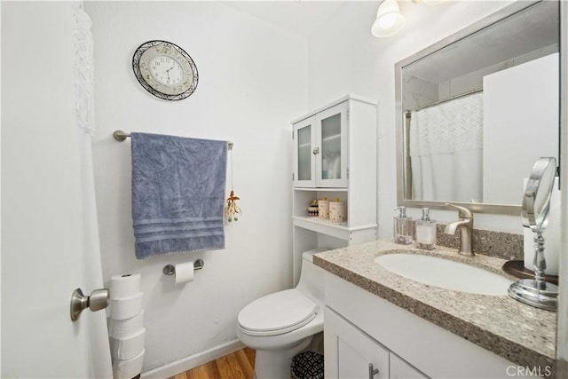 full bathroom with wood finished floors, vanity, and toilet