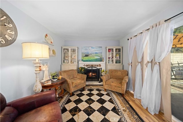 living area featuring a fireplace and light wood finished floors