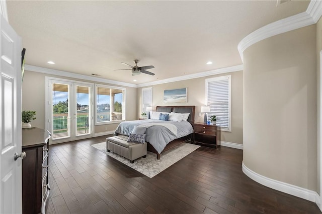 bedroom featuring dark wood-style floors, ornamental molding, baseboards, and access to outside