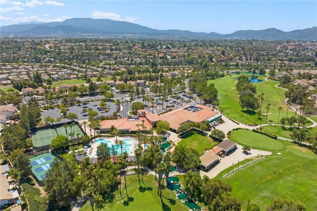 bird's eye view with a residential view, golf course view, and a water and mountain view