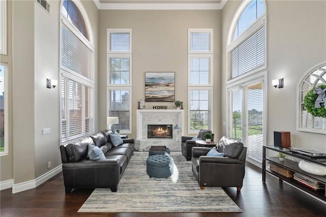 living room featuring dark wood-type flooring, ornamental molding, a high ceiling, a premium fireplace, and baseboards