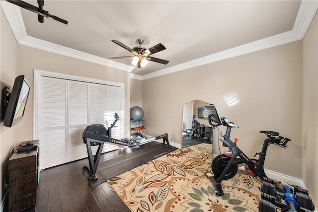 exercise area featuring ceiling fan, ornamental molding, baseboards, and dark wood-style flooring