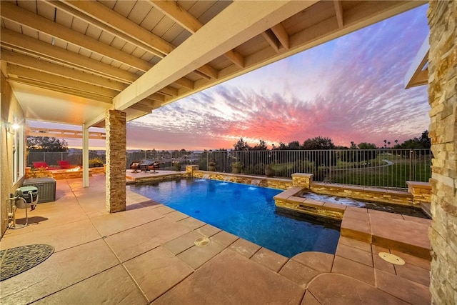 pool at dusk with a fenced in pool, a patio, central AC, and a fenced backyard