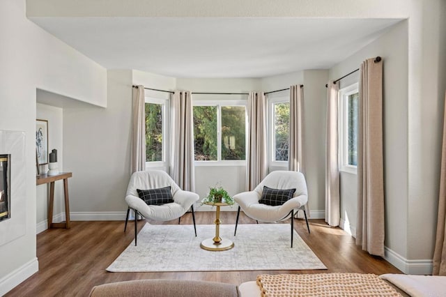 sitting room featuring a premium fireplace, baseboards, and wood finished floors