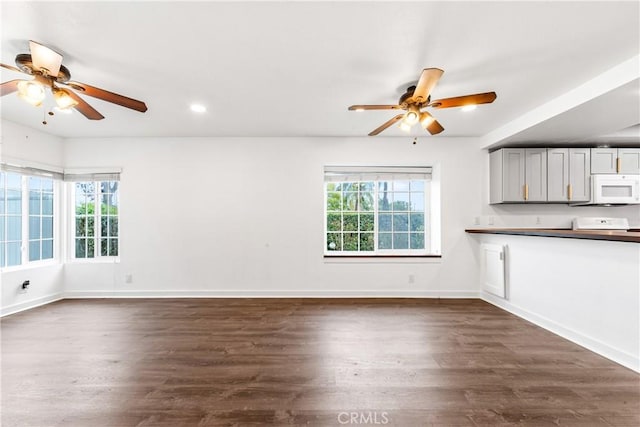 unfurnished living room with a healthy amount of sunlight, dark wood finished floors, and baseboards