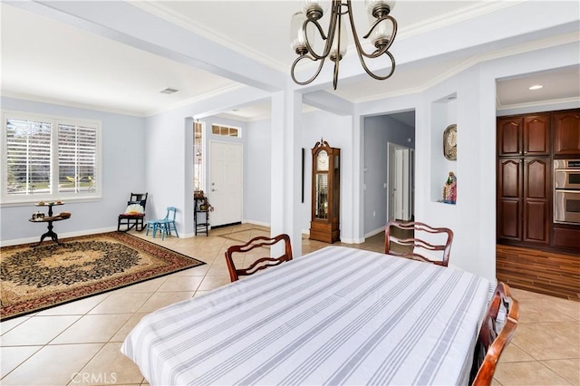 interior space featuring baseboards, ornamental molding, light tile patterned flooring, and a notable chandelier