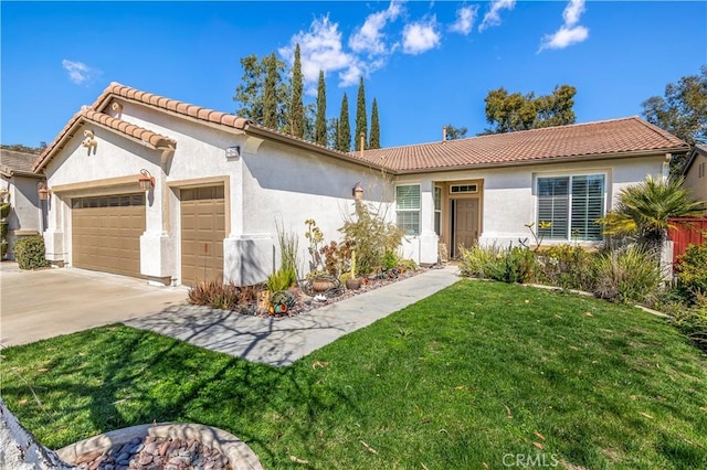 view of front of house with stucco siding, concrete driveway, a garage, a tiled roof, and a front lawn