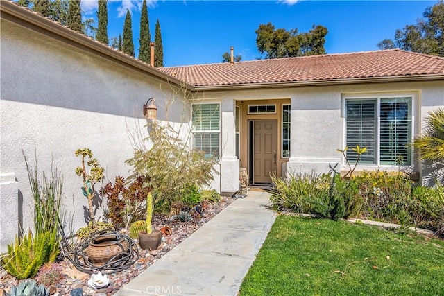 view of exterior entry with a yard, a tiled roof, and stucco siding