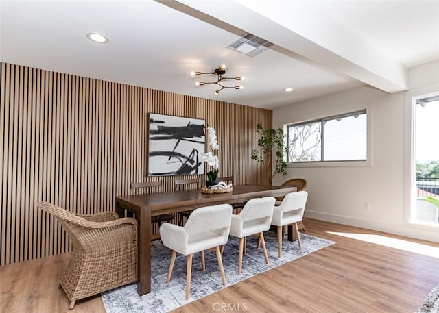 dining space with recessed lighting, visible vents, baseboards, and wood finished floors