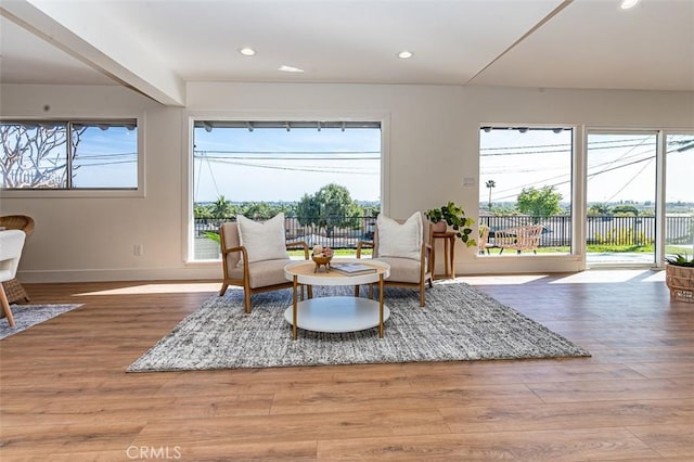 sitting room with recessed lighting, wood finished floors, and a healthy amount of sunlight