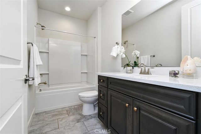 bathroom featuring toilet, recessed lighting, visible vents, bathing tub / shower combination, and vanity