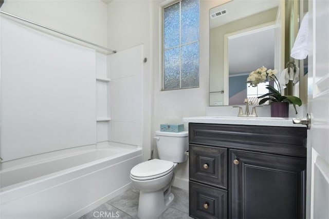 bathroom with visible vents, toilet, tile patterned floors, vanity, and shower / washtub combination