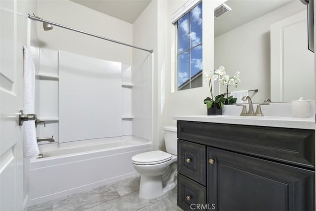 full bath featuring visible vents,  shower combination, vanity, and toilet