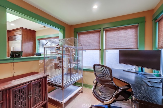 tiled home office with recessed lighting and visible vents