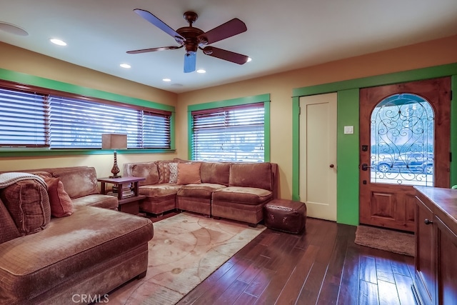 living area featuring dark wood-style floors, recessed lighting, and ceiling fan