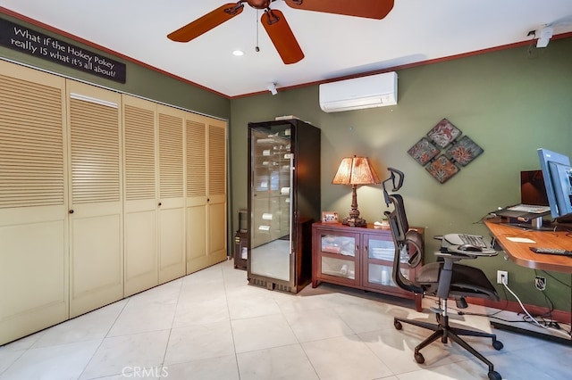 tiled office space with a wall mounted AC, recessed lighting, a ceiling fan, and crown molding