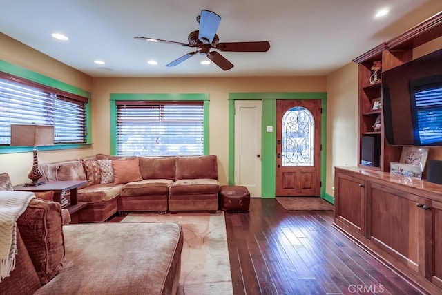 living area featuring recessed lighting, ceiling fan, and wood finished floors