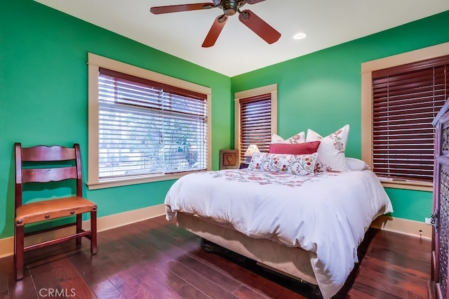 bedroom with a ceiling fan, recessed lighting, baseboards, and hardwood / wood-style flooring