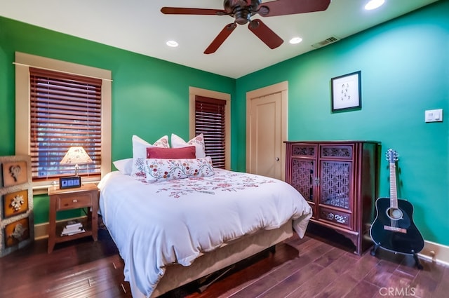 bedroom with recessed lighting, a closet, visible vents, ceiling fan, and wood finished floors