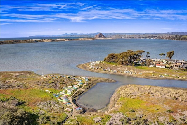 drone / aerial view with a water and mountain view