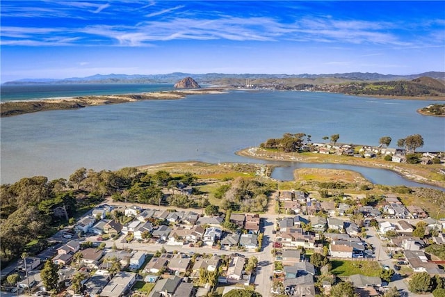 drone / aerial view with a residential view and a water and mountain view