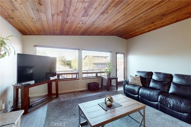 living room featuring vaulted ceiling, wood finished floors, and wood ceiling