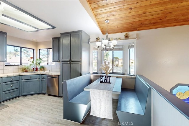 kitchen with tasteful backsplash, light wood-style floors, wood ceiling, vaulted ceiling, and dishwasher