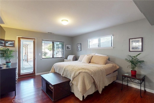 bedroom featuring access to exterior, multiple windows, and dark wood-style flooring