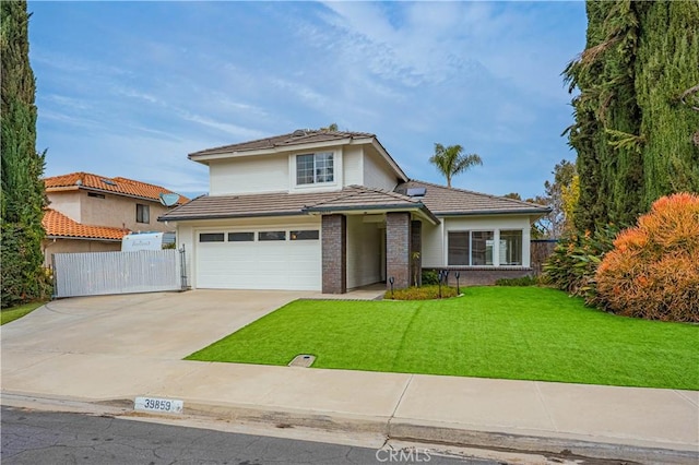 traditional-style home with a front yard, fence, concrete driveway, a garage, and a tile roof