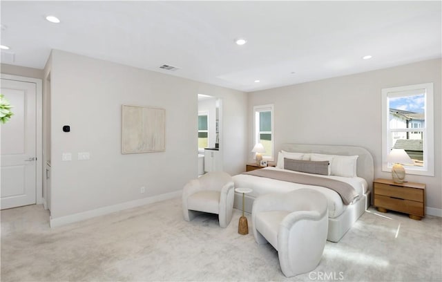 bedroom with baseboards, recessed lighting, visible vents, and light carpet